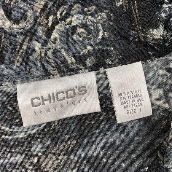 Chicos Travelers Shacket Top Size 1 Small Medium Blue Silver Metallic Paisley - Picture 10 of 12